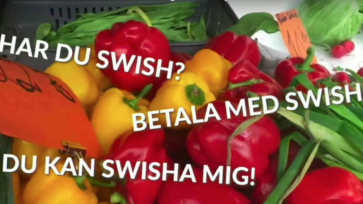Foto från grönsaksmarknad med text över. Det står "Har du Swish?" "Betala med Swish." "Kan du swisha mig?"