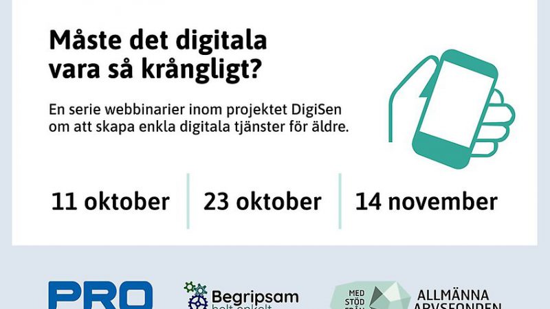 Illustration på hand som håller mobiltelefon samt datum för tre webbinarier under hösten 2023. Det är den 11 oktober, den 23 oktober och 14 november.