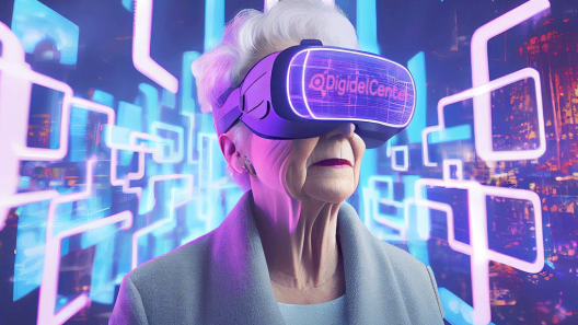 Äldre dam bär VR-glasögon i en futuristisk miljö