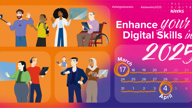 Kampanjbild för All Digital Weeks 2025. Bilden visar åtta olika illustrerade personer som på olika sätt representerar mångfald. Till höger finns texten "Enhance your Digital Skills in 2025”. En kalender markerar perioden från 17 mars till 4 april, där datumen 17 mars och 4 april är inringade med orange cirklar, vilket visar kampanjens start- och slutdatum.