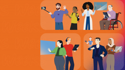 Illustrated people using technology