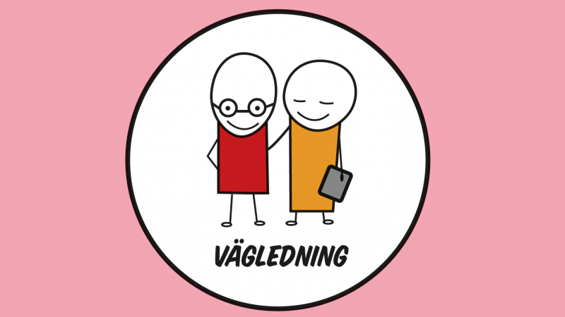 Illustration med två figurer. Den ena har glasögon den andra håller i en surfplatta. De ser glada ut och står på ordet vägledning.
