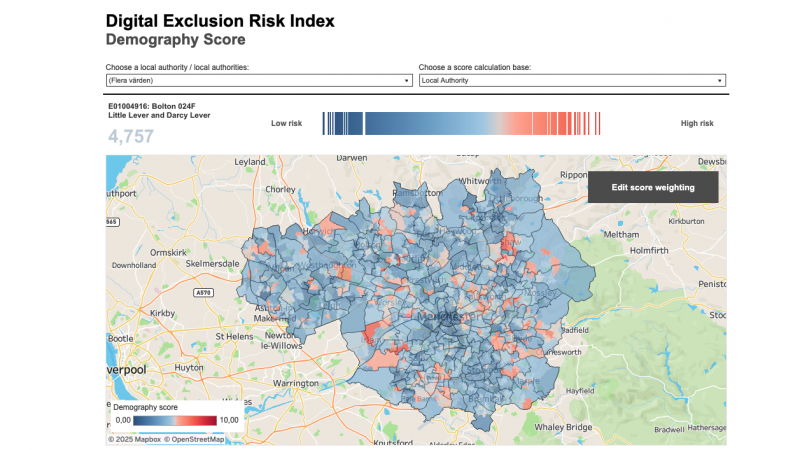 Skärmavbild från webb med karta över Manchester och Digital Exclusion Risk Index