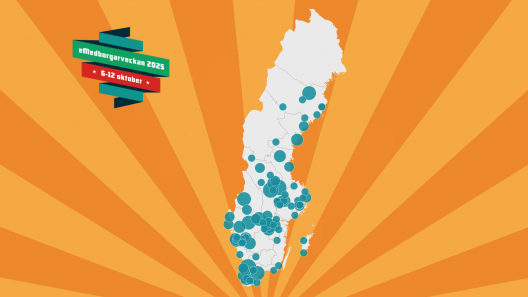 En Sverige-karta med aktiviteter under eMedborgarveckan markerade