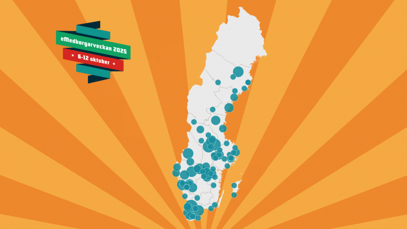 En Sverige-karta med aktiviteter under eMedborgarveckan markerade