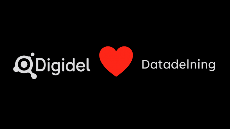Mitt i bilden finns ett rött hjärta. På ena sidan är Digidels logotyp och på andra sidan står det delade data. Digidel gillar datadelning.