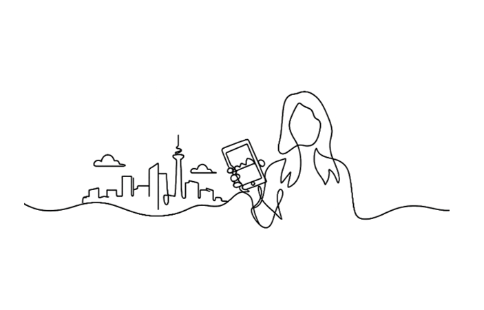 Illustration: Siluett av en stad och framför står en kvinna med mobiltelefon